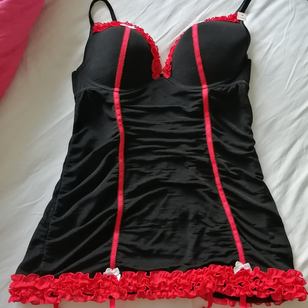 Sultry Black and Red Chemise with Ruffled Lace Trim